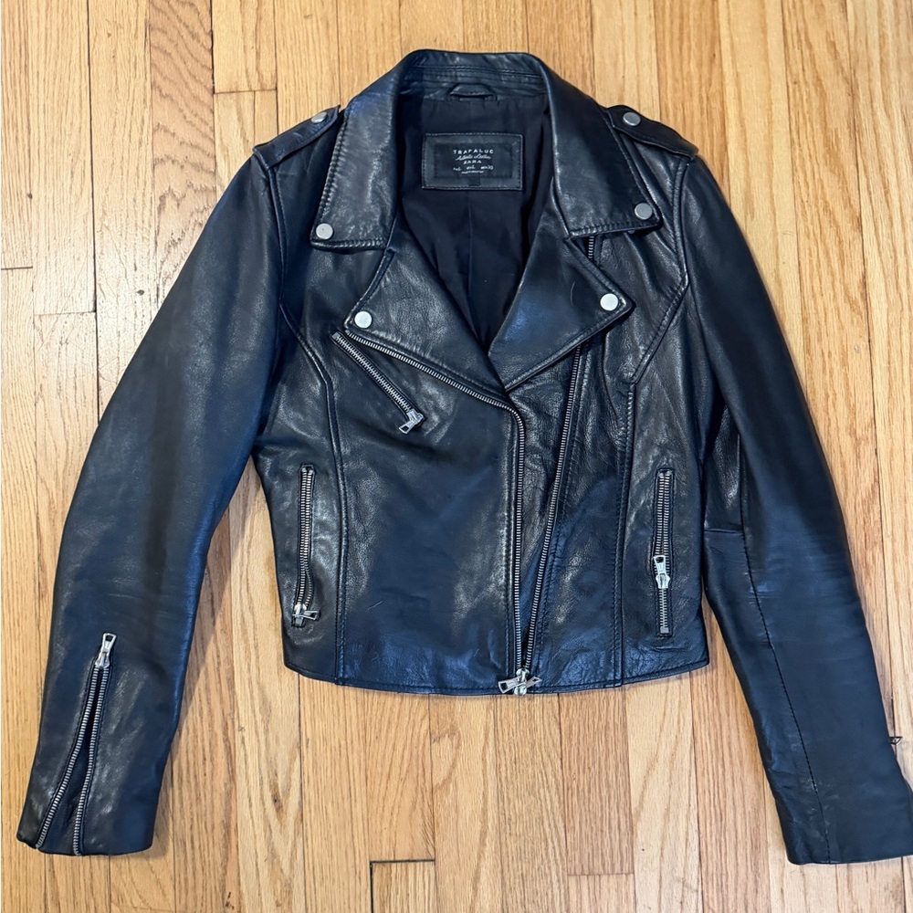 Zara Black Leather Trafaluc Moto Jacket with Silver Details